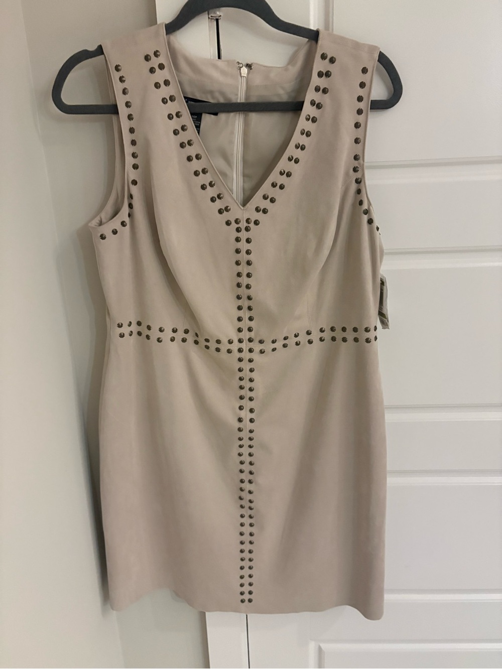 INC International Concepts Beige Stud-Trim Sleeveless V-Neck Mini Dress